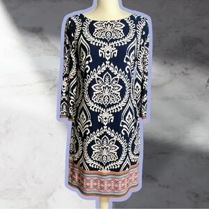 Vince Camuto Navy Blue & White Jersey Knit 3/4 Sleeve Shift Dress Size 6